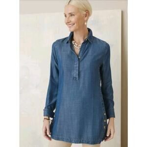 Chico's Denim Tunic Blouse Chambray Blue Touch of Cool Shirt Top Women's Medium